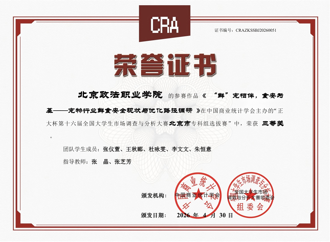 张晶、张芝芳老师指导学生在“正大杯第十六届全国大学生市场调查与分析大赛北京市专科组选拔赛”中荣获三等奖.png